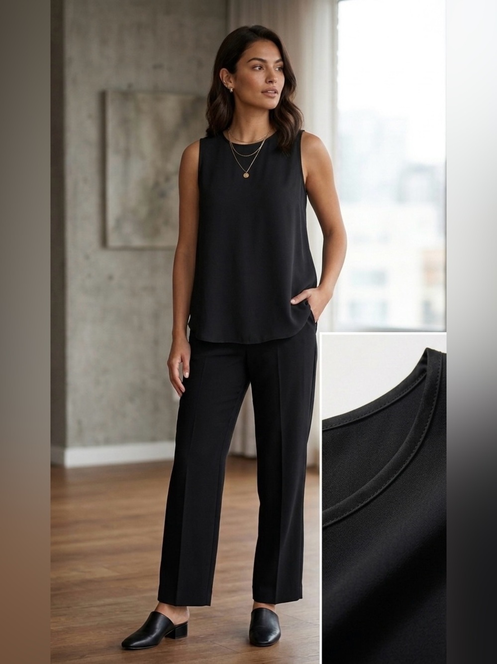 Aritzia Wilfred Sleeveless Black Blouse Silk Trim Size M Zip Back Tank Top